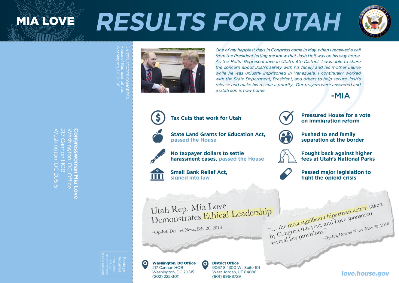 A subsequent mailer sent by Rep. Mia Love, R-Utah, clarifies the quote as coming from an op-ed published in the newspaper. (Photo: Office of Rep. Mia Love)