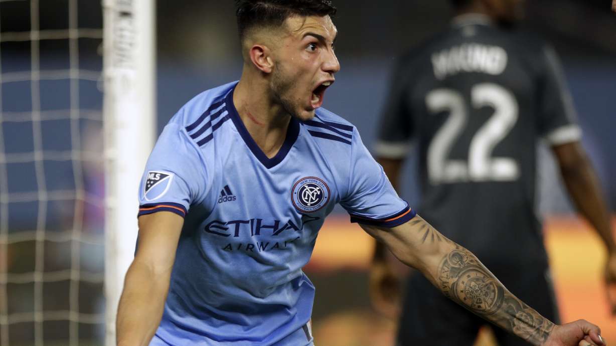 NYCFC forward Valentin "Taty" Castellanos scored a hat trick, including two from the penalty spot, as New York City FC routed Real Salt Lake, Sunday, April 17, 2022 in the Bronx.