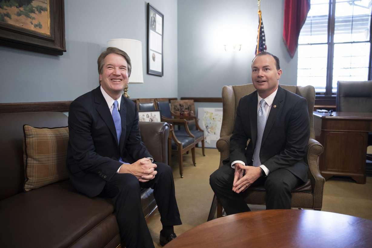 Supreme Court nominee Judge Brett Kavanaugh, left, meets with Sen. Mike Lee, R-Utah, a member of the Judiciary Committee, on Capitol Hill in Washington, Wednesday, July 18, 2018. The Senate GOP leadership wants to have the confirmation process for Kavanaugh completed in time for him to join the high court at the start of its new term in October. Sen. Lee had been among President Donald Trump's finalists for the seat to replace retiring Justice Anthony Kennedy. (J. Scott Applewhite, AP Photo, File)