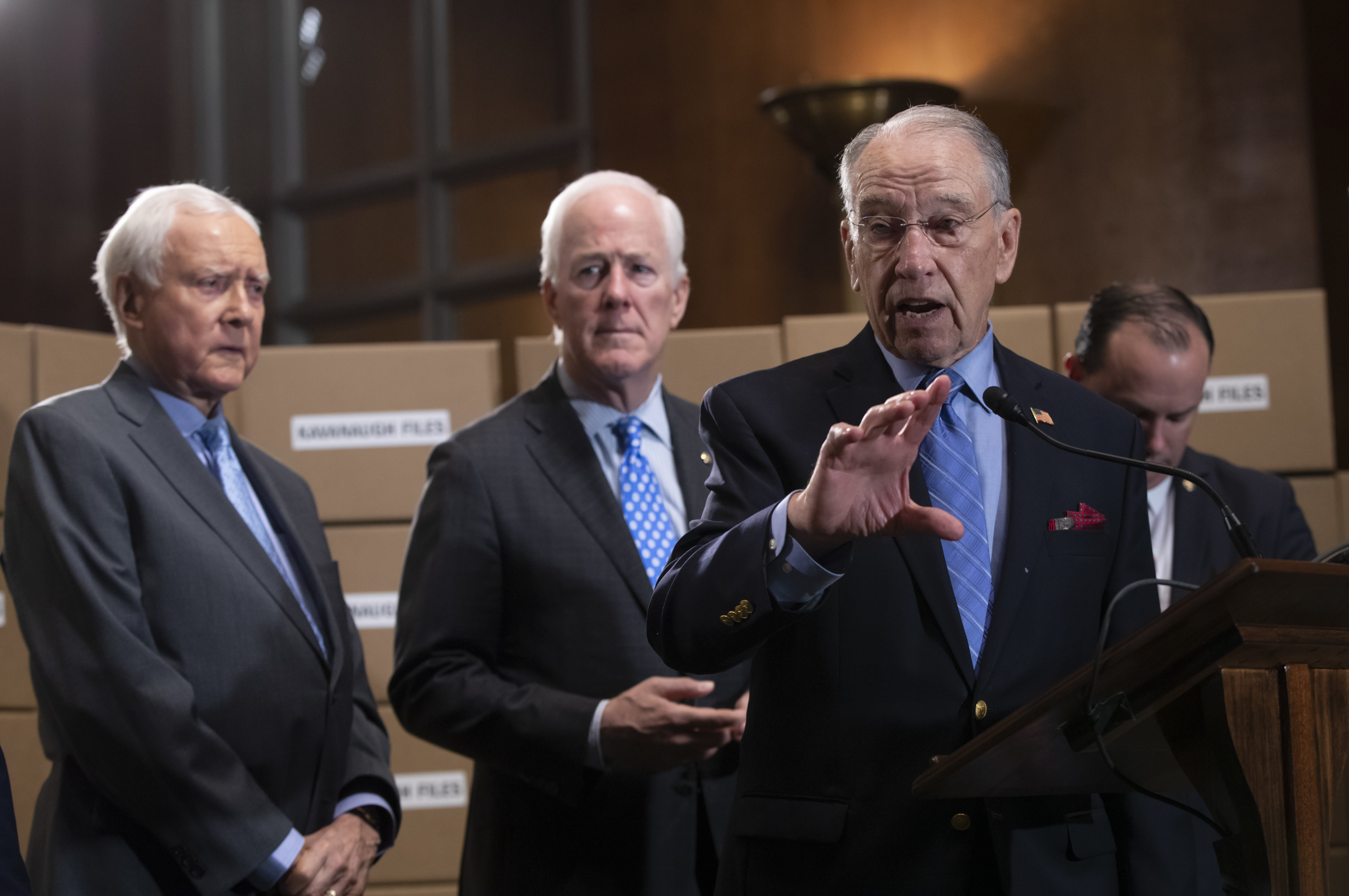 Senate Judiciary Chairman Chuck Grassley, R-Iowa, joined from left by Sen. Orrin Hatch, R-Utah, Sen. John Cornyn, R-Texas, and Sen. Mike Lee, R-Utah, holds a news conference to refute Senate Democrats who are intensifying their fight over documents related to Supreme Court nominee Brett Kavanaugh's stint as staff secretary at the White House, on Capitol Hill in Washington, Thursday, Aug. 2, 2018. (J. Scott Applewhite, AP Photo)