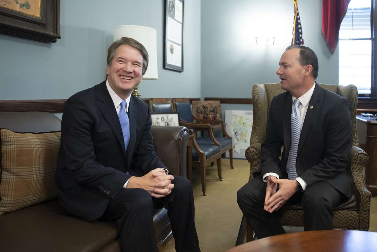 Supreme Court nominee Judge Brett Kavanaugh, left, meets with Sen. Mike Lee, R-Utah, a member of the Judiciary Committee, on Capitol Hill in Washington, Wednesday, July 18, 2018. (J. Scott Applewhite, AP Photo, File)