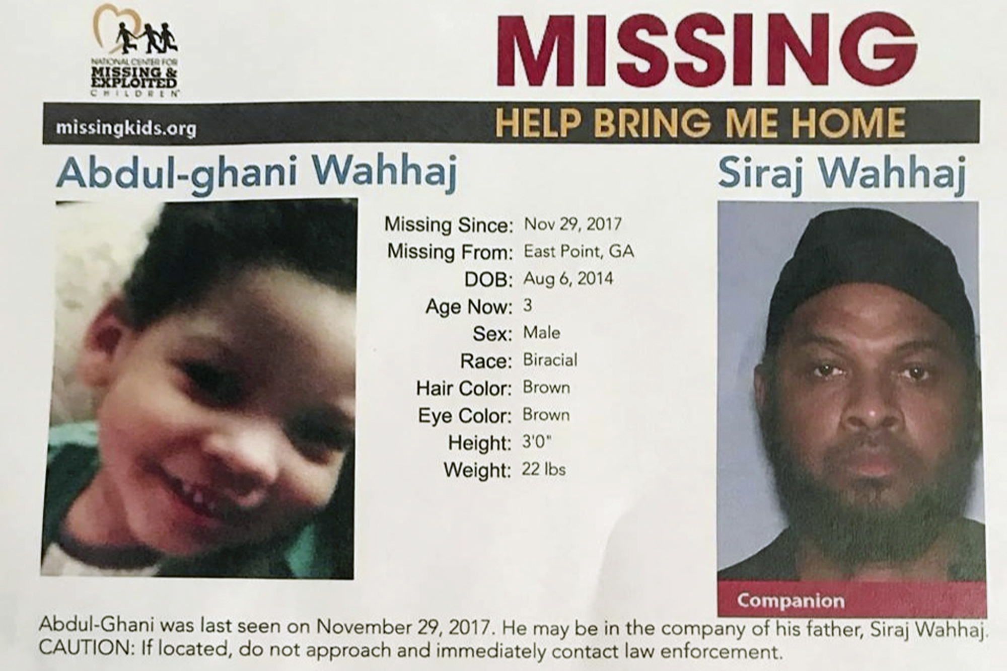 This undated posted provided by the National Center for Missing & Exploited Children shows Abdul-ghani Wahhaj, left, and his father Siraj Wahhaj, who police are seeking the public's in finding. (National Center for Missing & Exploited Children via AP)