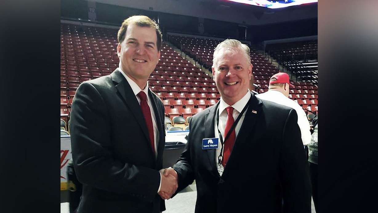 David Pyne, left, is pictured at the 2018 Utah GOP convention with U.S. Senate candidate Larry Meyers. Sacha Baron Cohen tried to punk Pyne for his Showtime series "Who is America?” (Photo: Courtesy of David Pyne)