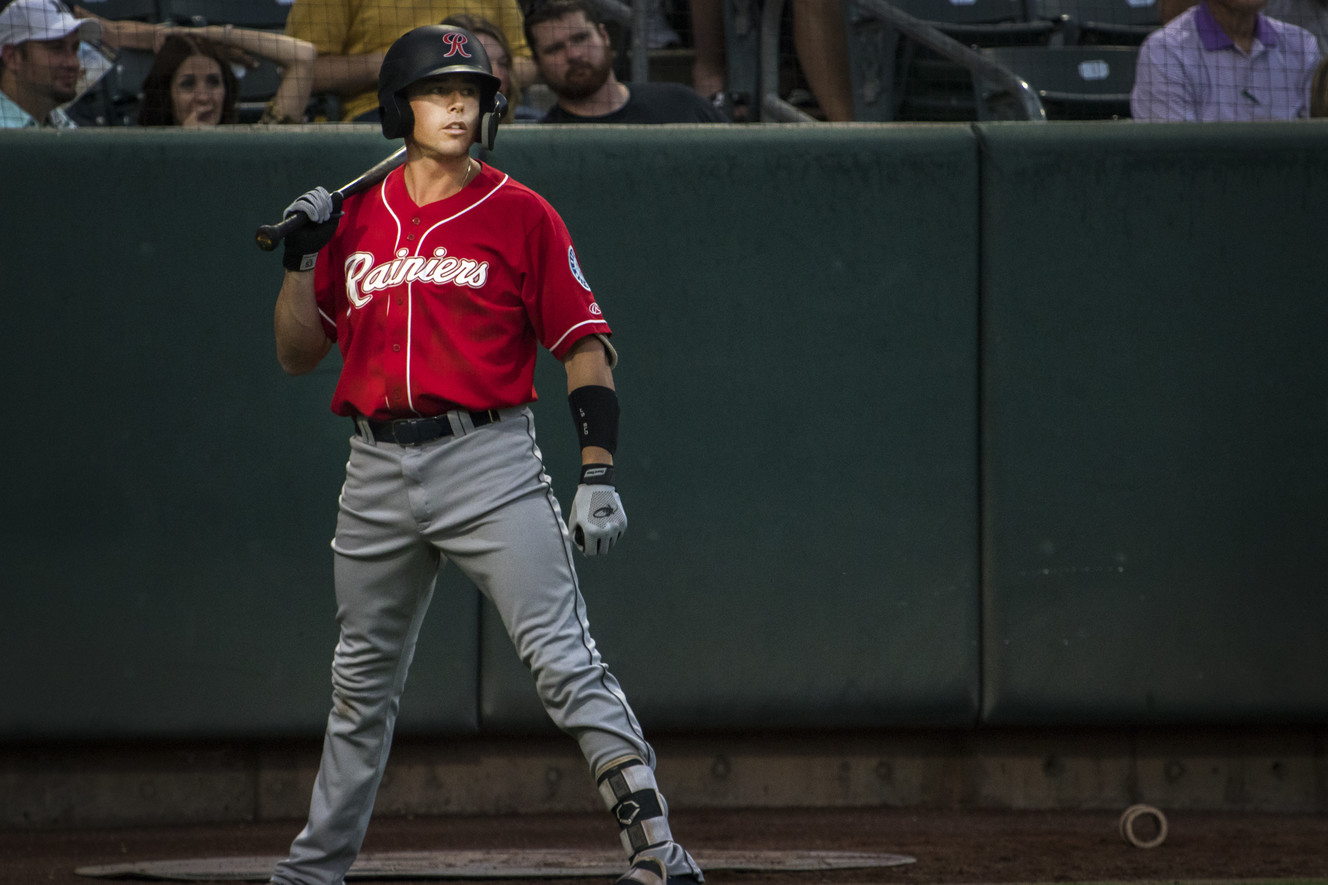 Tacoma Rainiers infielder Adam Law stands on deck during a game between the Rainiers and Salt Lake Bees at Smith's Ballpark on Thursday, Aug. 9, 2018. Law is a call away from making his family the sixth-ever three-generation MLB family in history. (Photo: Carter Williams, KSL.com)