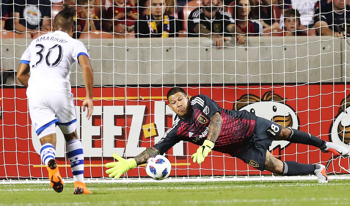 Real Salt Lake goalkeeper Nick Rimando (18) makes a save on the shot by Montreal Impact Quincy Amarikwa in Sandy on Saturday, Aug. 11, 2018. (Photo: Jeffrey D. Allred, KSL)