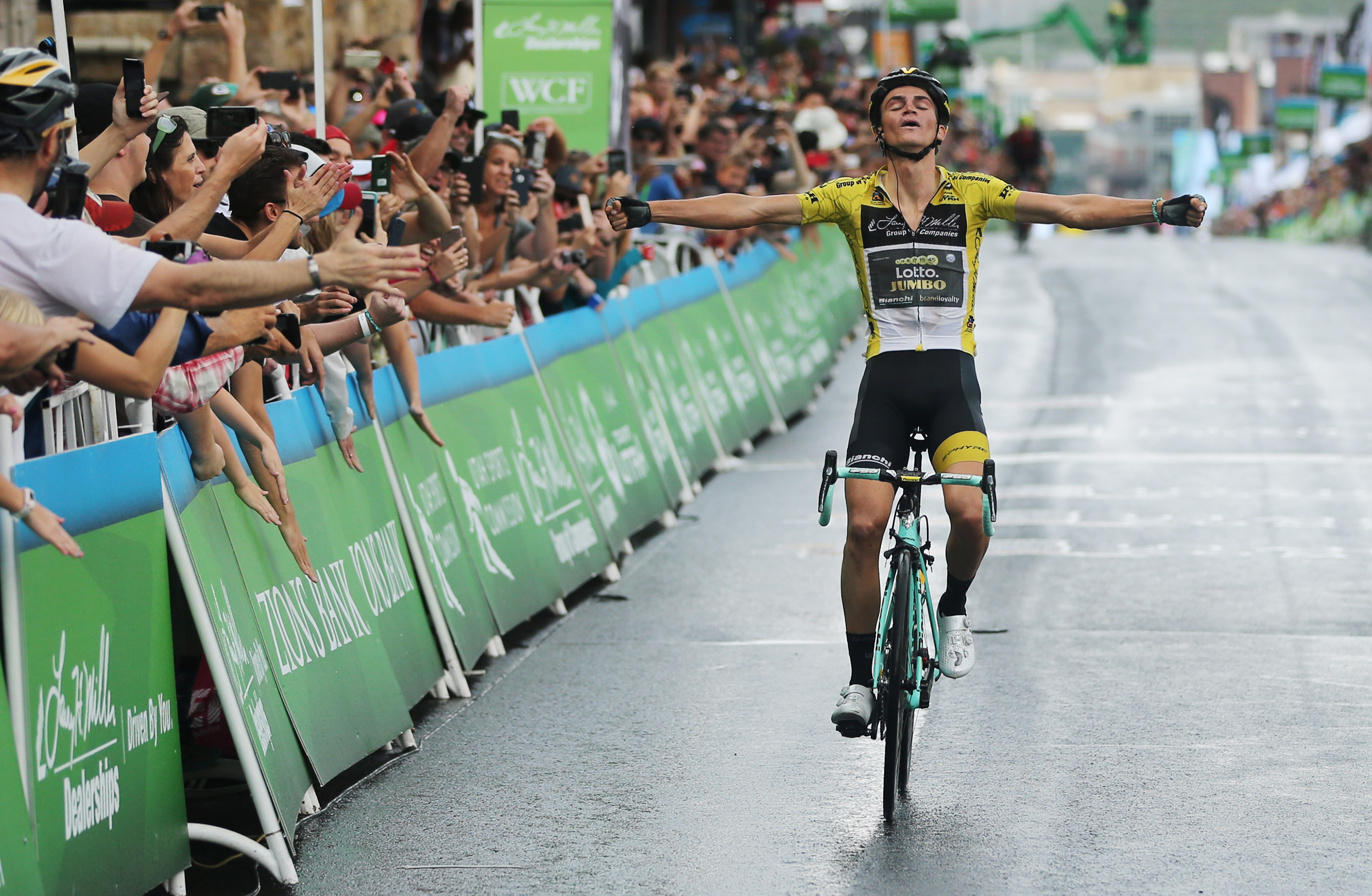 Sepp Kuss celebrates his win during the Tour of Utah final day in Park City on Sunday, Aug. 12, 2018. (Photo: Jeffrey D. Allred, Deseret News)