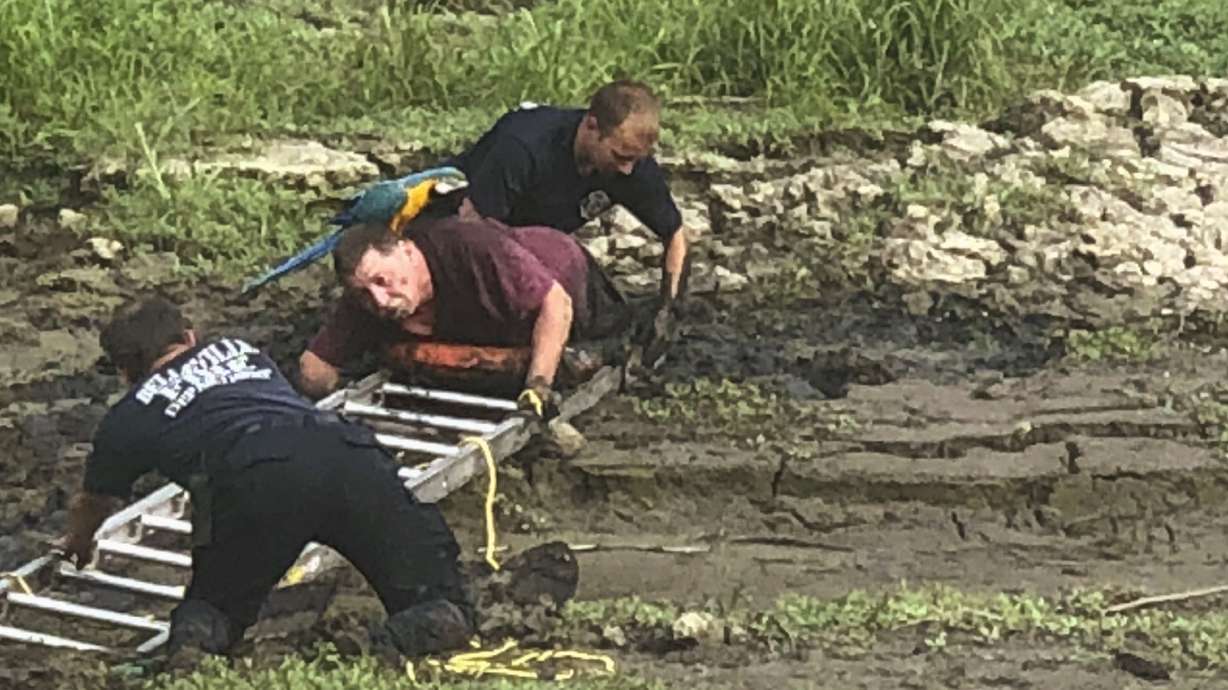 Man rescued from mud with parrot perched on his shoulders