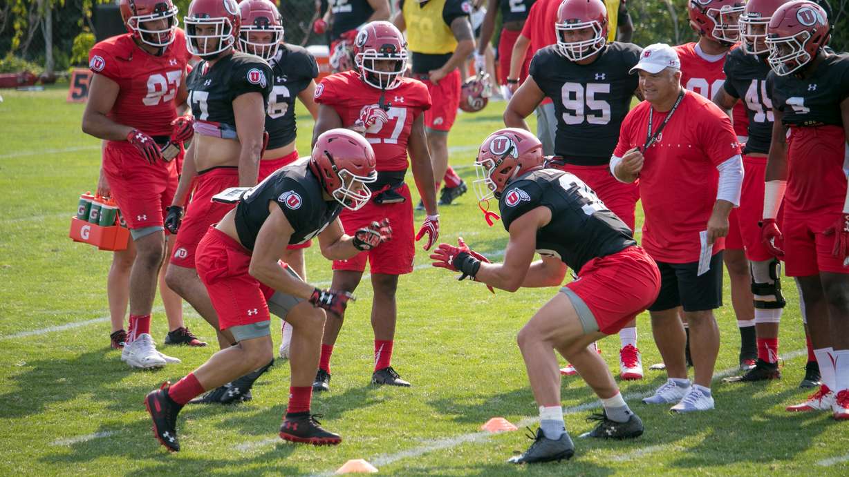 Utah linebacker Cody Barton lines up against teammate RJ Hubert during a special teams drill at the Eccles Football Complex in Salt Lake City on Aug. 3, 2018. (Photo: Josh Furlong, KSL.com)