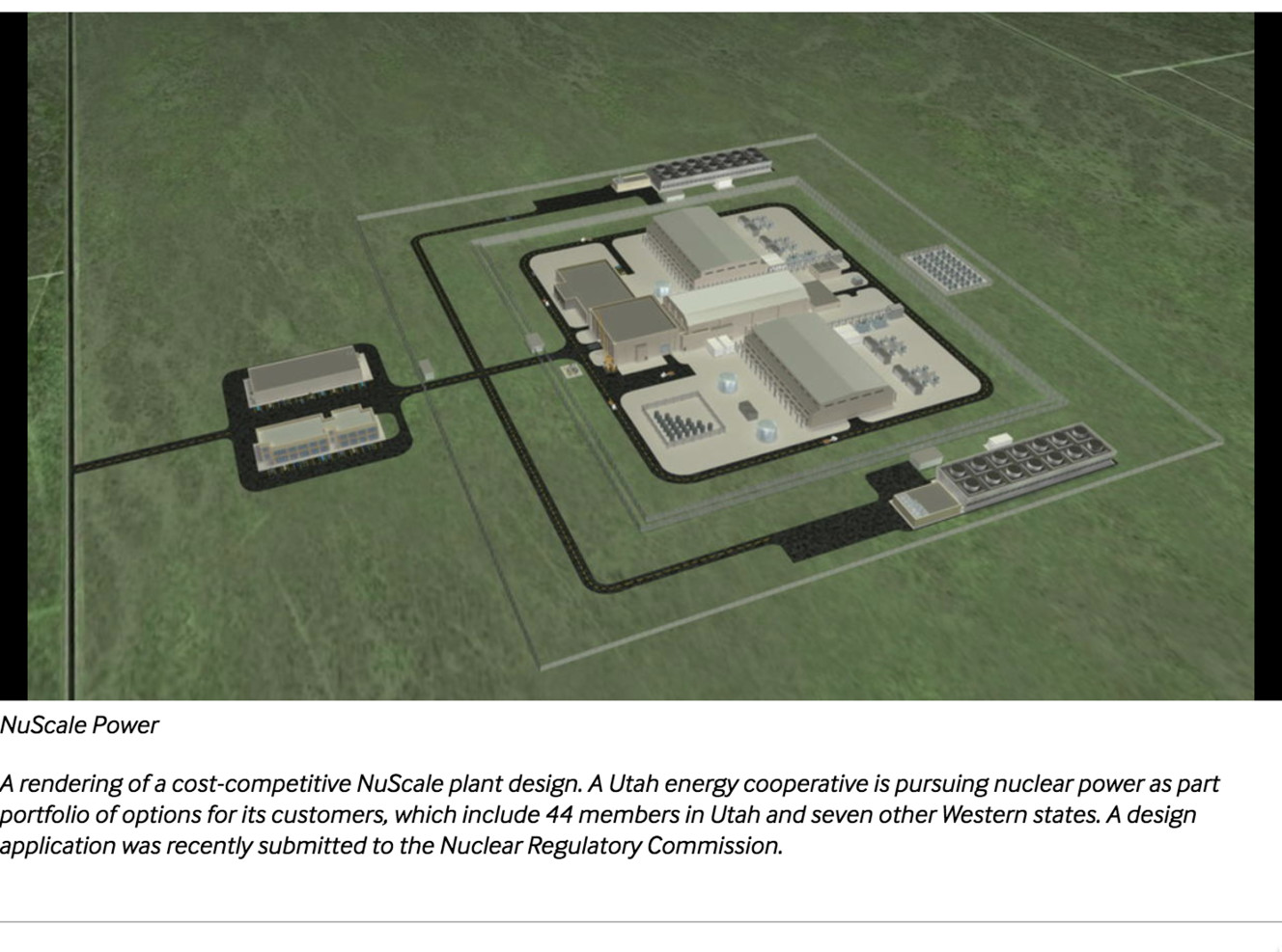 A rendering of a cost-competitive NuScale plant design. A Utah energy cooperative is pursuing nuclear power as part portfolio of options for its customers, which include 44 members in Utah and seven other Western states. A design application was recently submitted to the Nuclear Regulatory Commission. (Photo: NuScale)