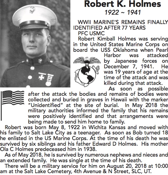 The obituary for Pfc. Robert K. Holmes. Holmes, 19, of Salt Lake City, was killed during the attack on the USS Oklahoma at Pearl Harbor. (Photo: Deseret News)