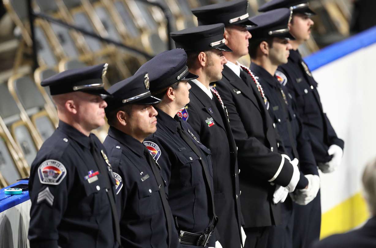 West Valley police officers stand during funeral services for Code Enforcement Officer Jill Robinson at the Maverik Center in West Valley City on Friday, Aug. 17, 2018. (Photo: Jeffrey D. Allred, KSL)