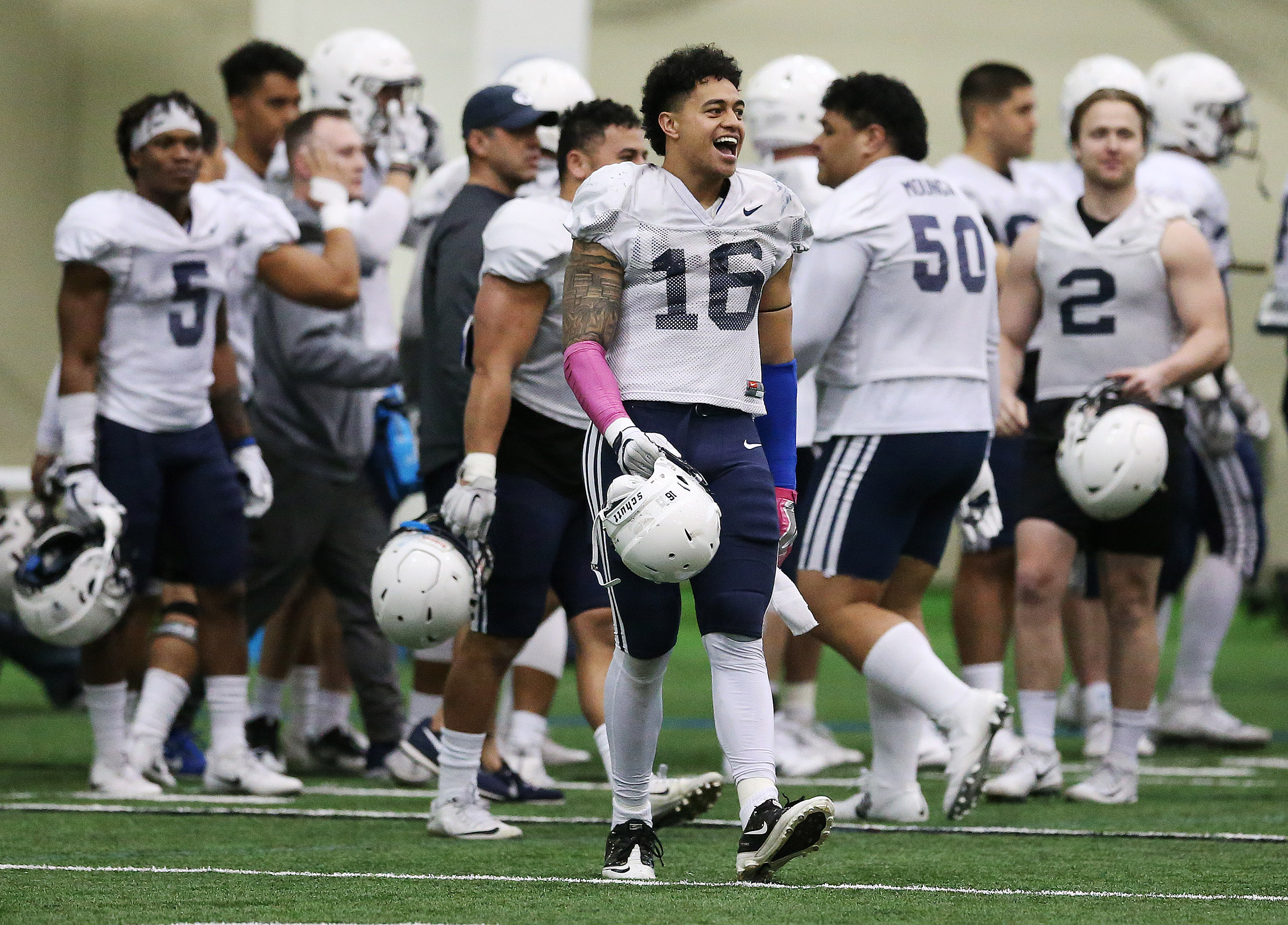 Brigham Young Cougars defensive lineman Sione Takitaki (16) cheers a good defensive play during an intersquad scrimmage in Provo on Friday, March 23, 2018. (Photo: Jeffrey D. Allred, Deseret News)