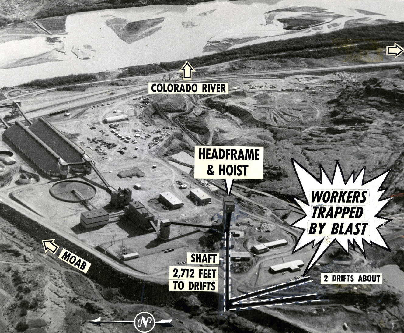 Rescue operations for 25 miners trapped in the two drift tunnels 3,000 feet below the surface of the Texas Gulf Sulphur potash mine were pushed hard Wednesday when voice contact was made with nine survivors on Aug. 28, 1963. (Photo: Deseret News)