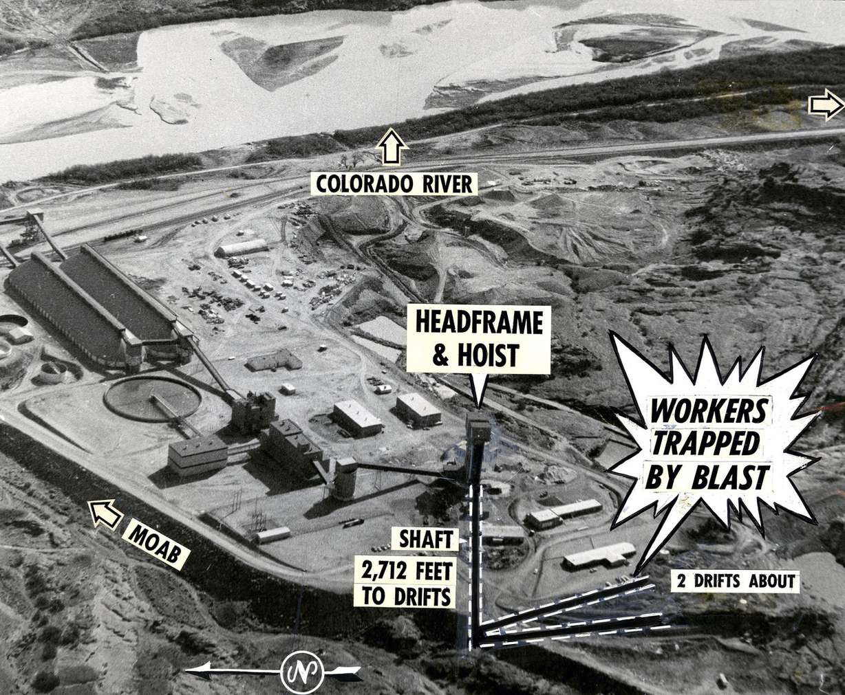 Rescue operations for 25 miners trapped in the two drift tunnels 3,000 feet below the surface of the Texas Gulf Sulphur potash mine were pushed hard Wednesday when voice contact was made with nine survivors on Aug. 28, 1963. (Photo: Deseret News)