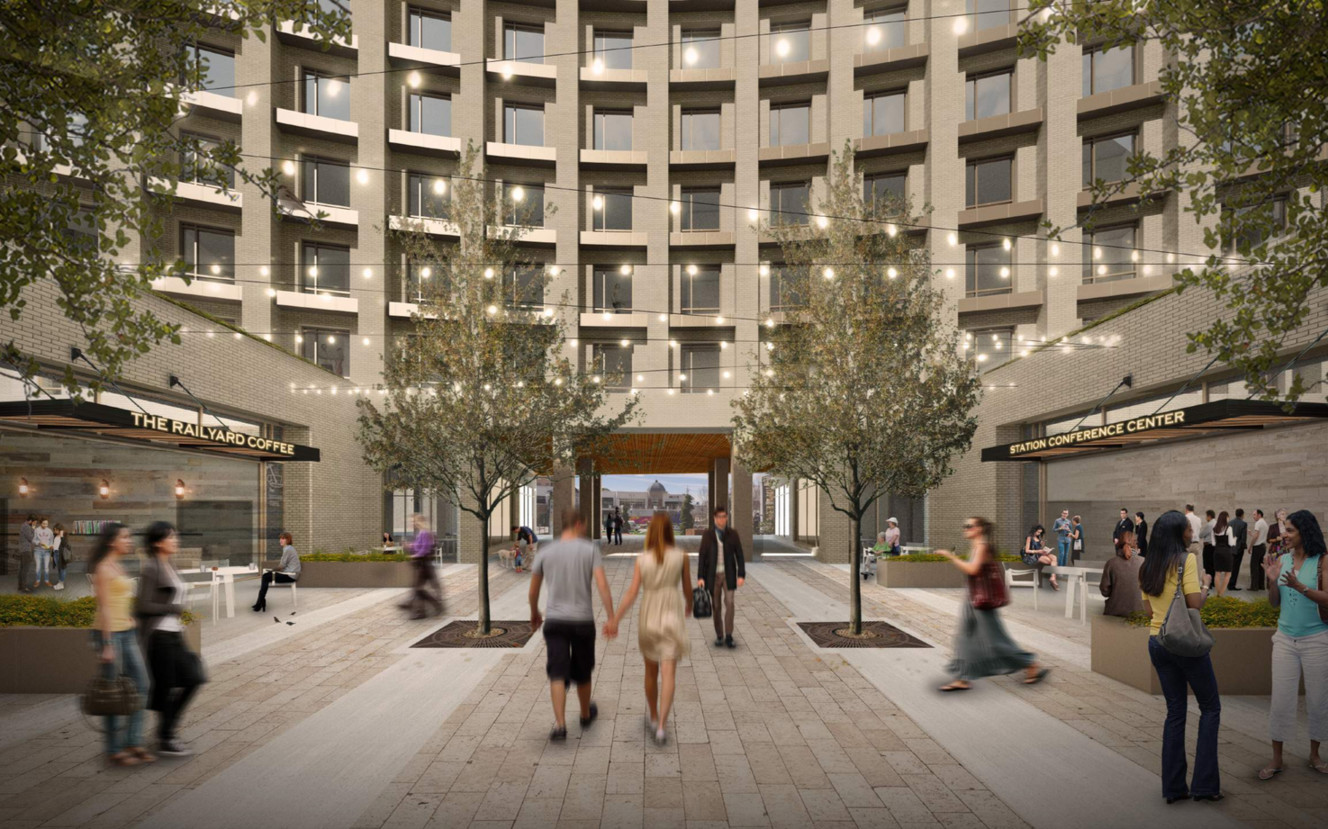 A rendering of an eight-story hotel being proposed at The Gateway that would be build around the west face of the historic Union Pacific Depot. (Photo: Salt Lake City Planning document)