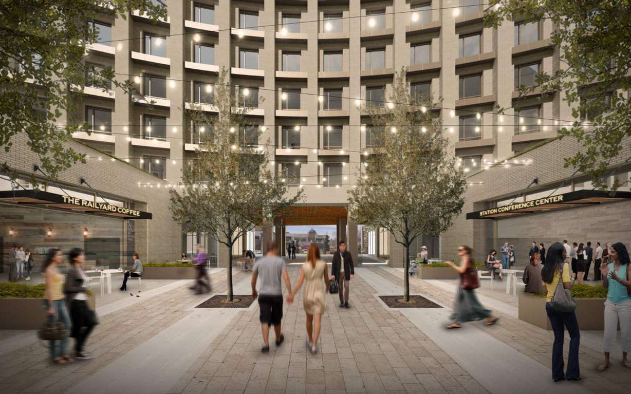 A rendering of an eight-story hotel being proposed at The Gateway that would be build around the west face of the historic Union Pacific Depot. (Photo: Salt Lake City Planning document)