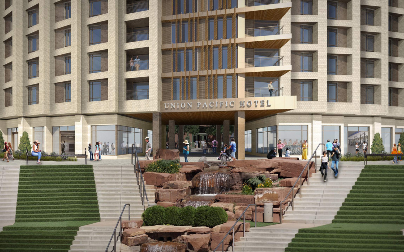 A rendering of an eight-story hotel being proposed at The Gateway that would be build around the west face of the historic Union Pacific Depot. (Photo: Salt Lake City Planning document)