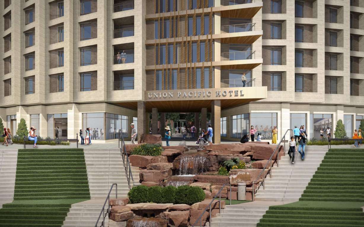 A rendering of an eight-story hotel being proposed at The Gateway that would be build around the west face of the historic Union Pacific Depot. (Photo: Salt Lake City Planning document)