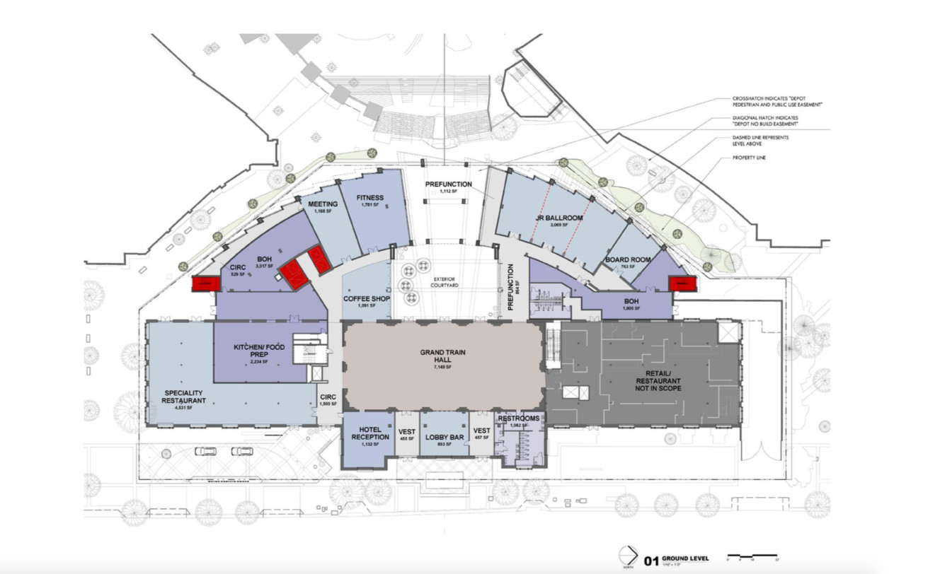 The blueprint of an eight-story hotel being proposed at The Gateway that would be built around the west face of the historic Union Pacific Depot. (Photo: Salt Lake City Planning document)