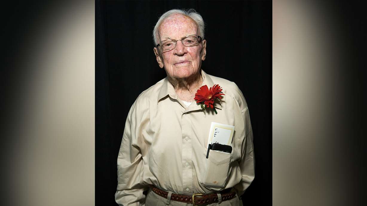 Robert W. Simmons, 100, poses for a portrait at the 32nd Centenarian Celebration at the Viridian Event Center in West Jordan on Thursday, Aug. 23, 2018. (Photo: James Wooldridge, KSL)