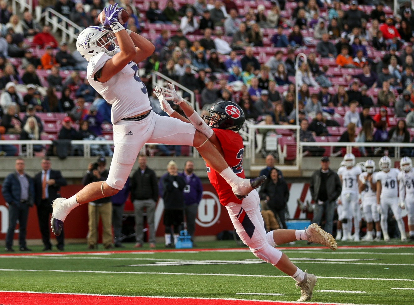 Lehi's Dallin Holker reels in an end zone pass to score on Springville in a 5A football semifinal game at Rice-Eccles Stadium in Salt Lake City on Thursday, Nov. 9, 2017. (Photo: Spenser Heaps, Deseret News)
