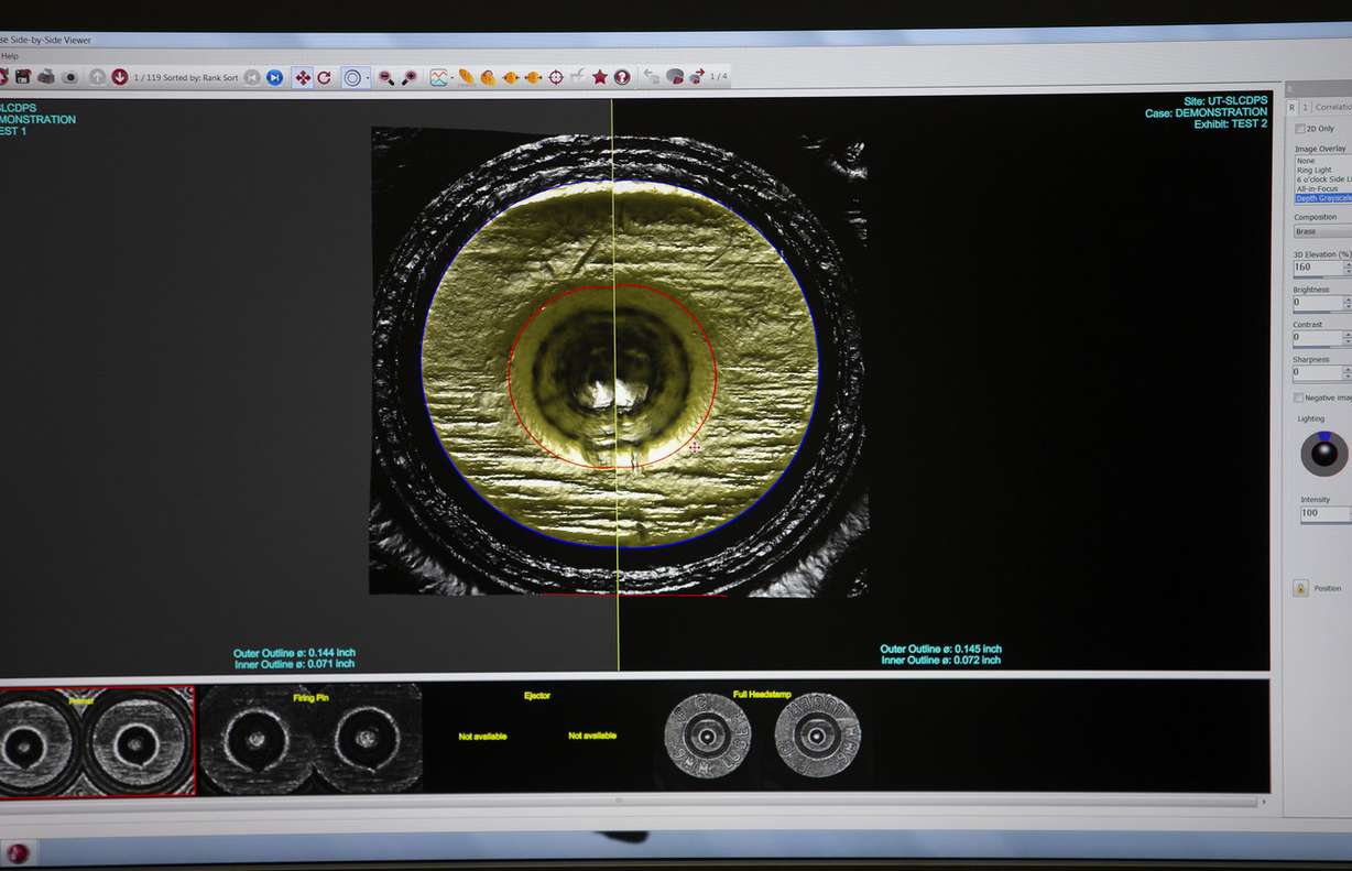 Computer images of shell casings are compared to each other at the Utah State Crime Lab in Taylorsville on Monday, Aug. 27, 2018. Federal, state and local law enforcement leaders were at the lab to tout the National Integrated Ballistic Information Network. (Photo: Scott G Winterton, KSL)