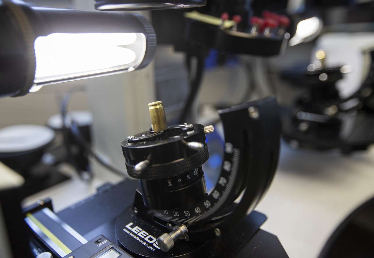 A spent shell casing sits in a holder for examination at theUtah State Crime Lab in Taylorsville on Monday, Aug. 27, 2018. Federal, state and local law enforcement leaders were at the lab to tout the National Integrated Ballistic Information Network. (Photo: Scott G Winterton, KSL)