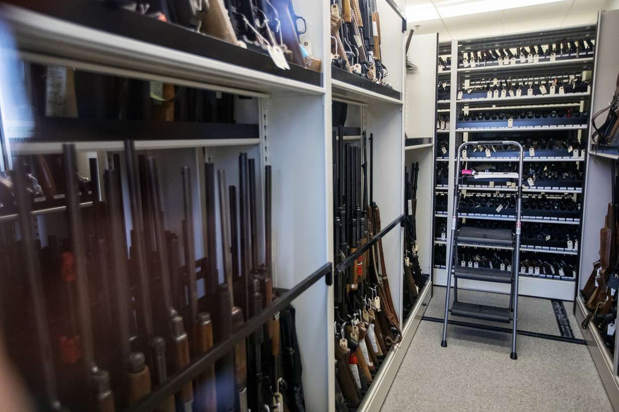 Reference guns are pictured in a vault at the Utah State Crime Lab in Taylorsville on Monday, Aug. 27, 2018. The shell casings from the reference guns can can be compared to casings from crime scenes. Federal, state and local law enforcement leaders were at the lab to tout the National Integrated Ballistic Information Network. (Photo: Scott G Winterton, KSL)