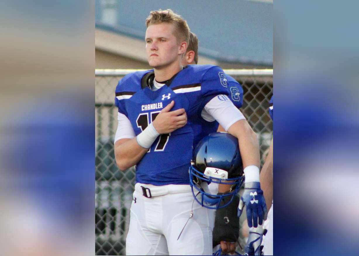 BYU quarterback commit Jacob Conover stands at attention prior to a game between Chandler (Ariz.) High and Mesa High, Friday, Aug. 31, 2018 in Chandler, Arizona. (Photo: Sean Walker, KSL.com)
