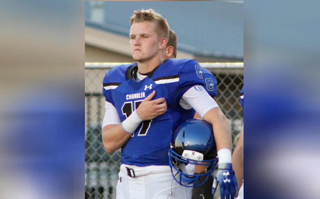 BYU quarterback commit Jacob Conover stands at attention prior to a game between Chandler (Ariz.) High and Mesa High, Friday, Aug. 31, 2018 in Chandler, Arizona. (Photo: Sean Walker, KSL.com)