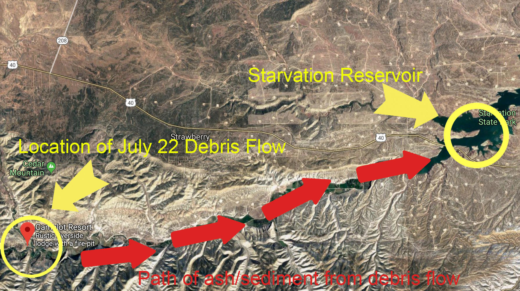 This graphic shows the path of ash and sediment Division of Wildlife Resources believe took after the July 22 debris flow. An exact amount of ash from the Dollar Ridge Fire won't be known until wildlife officials conduct tests in fall. (Image credit: Google Maps)