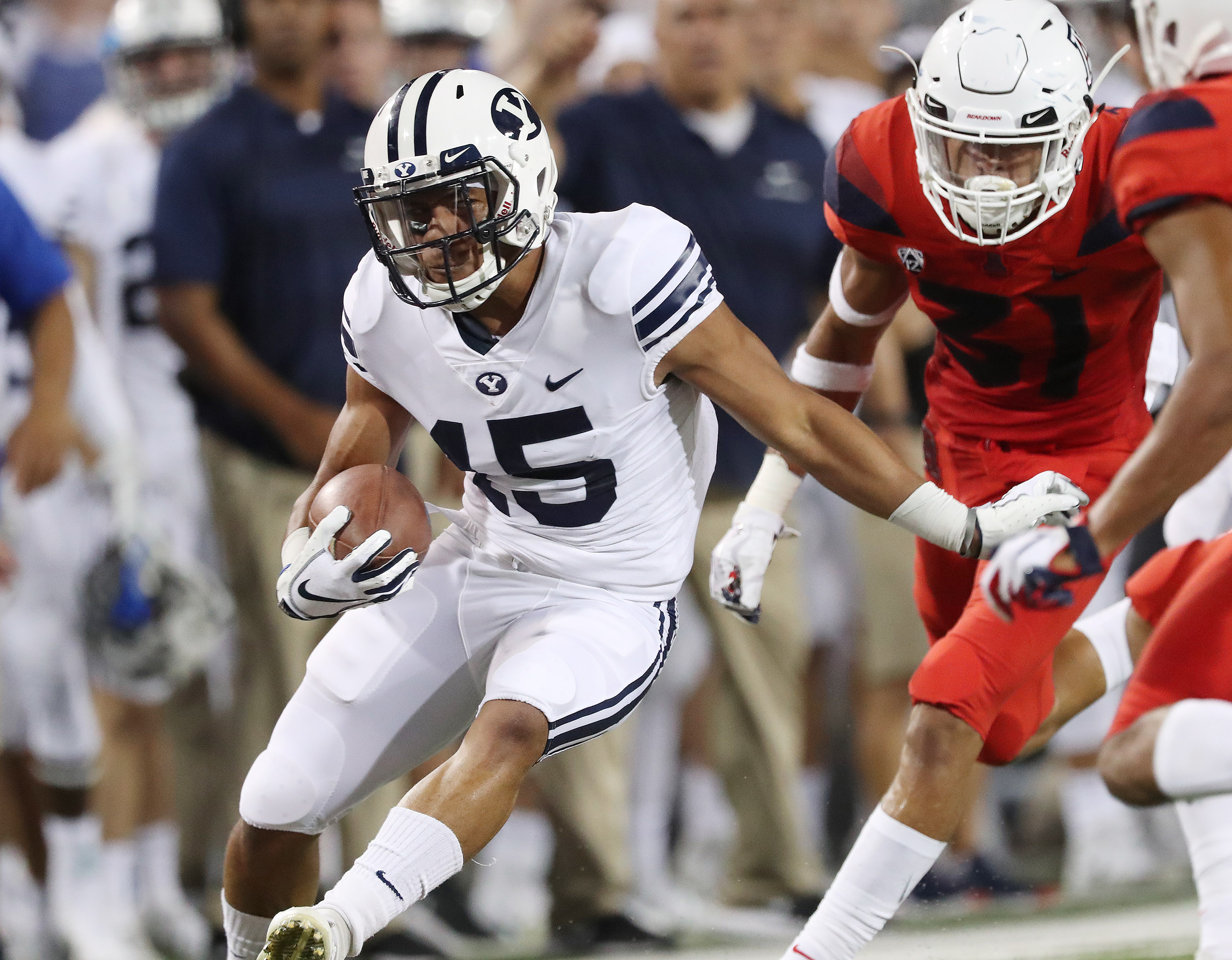 BYU wide receiver Aleva Hifo (15) runs after a catch against the Arizona Wildcats in Tucson on Saturday, Sept. 1, 2018. (Photo: Jeffrey D. Allred, Deseret News)