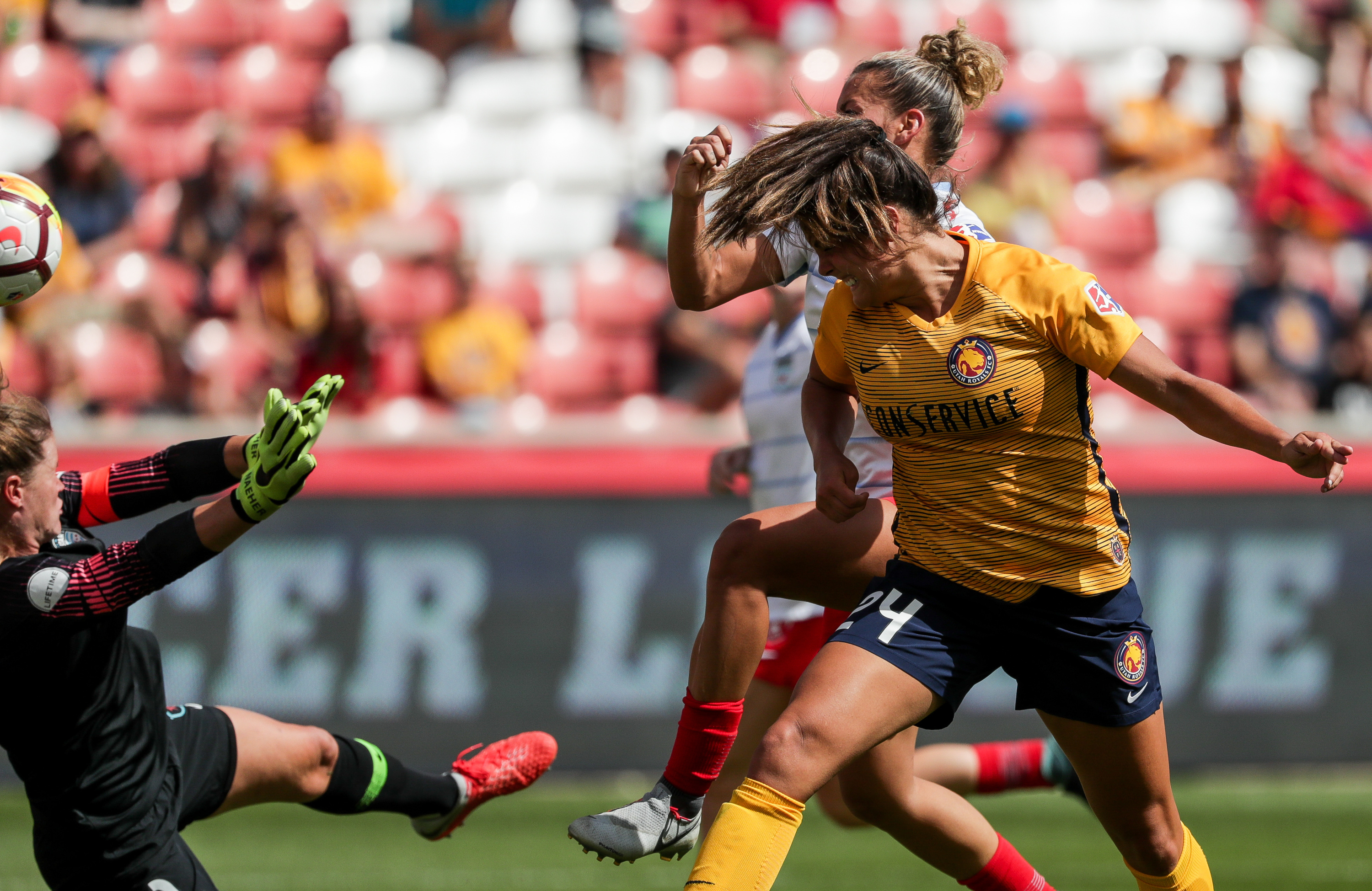 Utah Royals FC forward Katie Stengel (24) heads the ball into the goal, past Chicago Red Stars goalkeeper Alyssa Naeher (1), to put the Royals up 2-1, at Rio Tinto Stadium in Sandy on Saturday, Sept. 8, 2018. (Photo: Spenser Heaps, KSL)