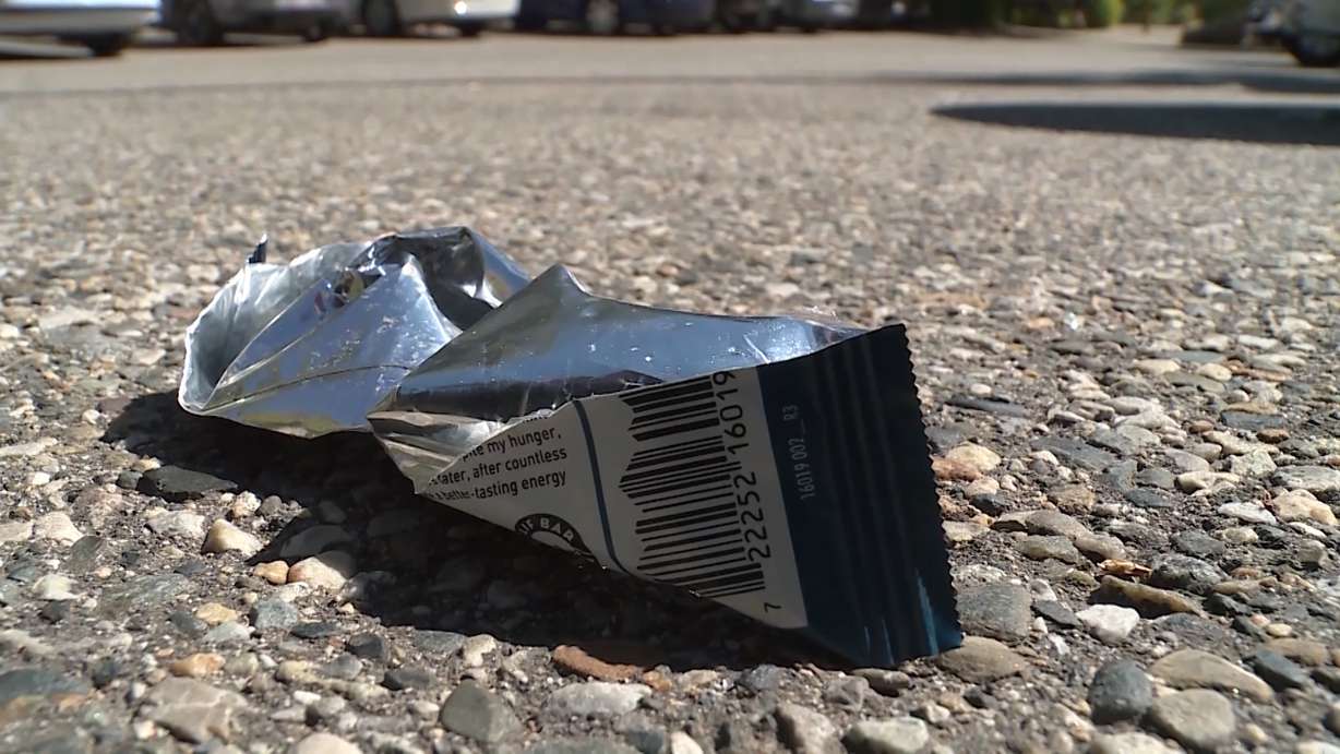 A thrown-away wrapper is seen in Big Cottonwood Canyon on Sunday, Sept. 9, 2018. Phill Monson hope his efforts to keep Utah trails clean will spark change. (Photo: Mark Wetzel, KSL TV)