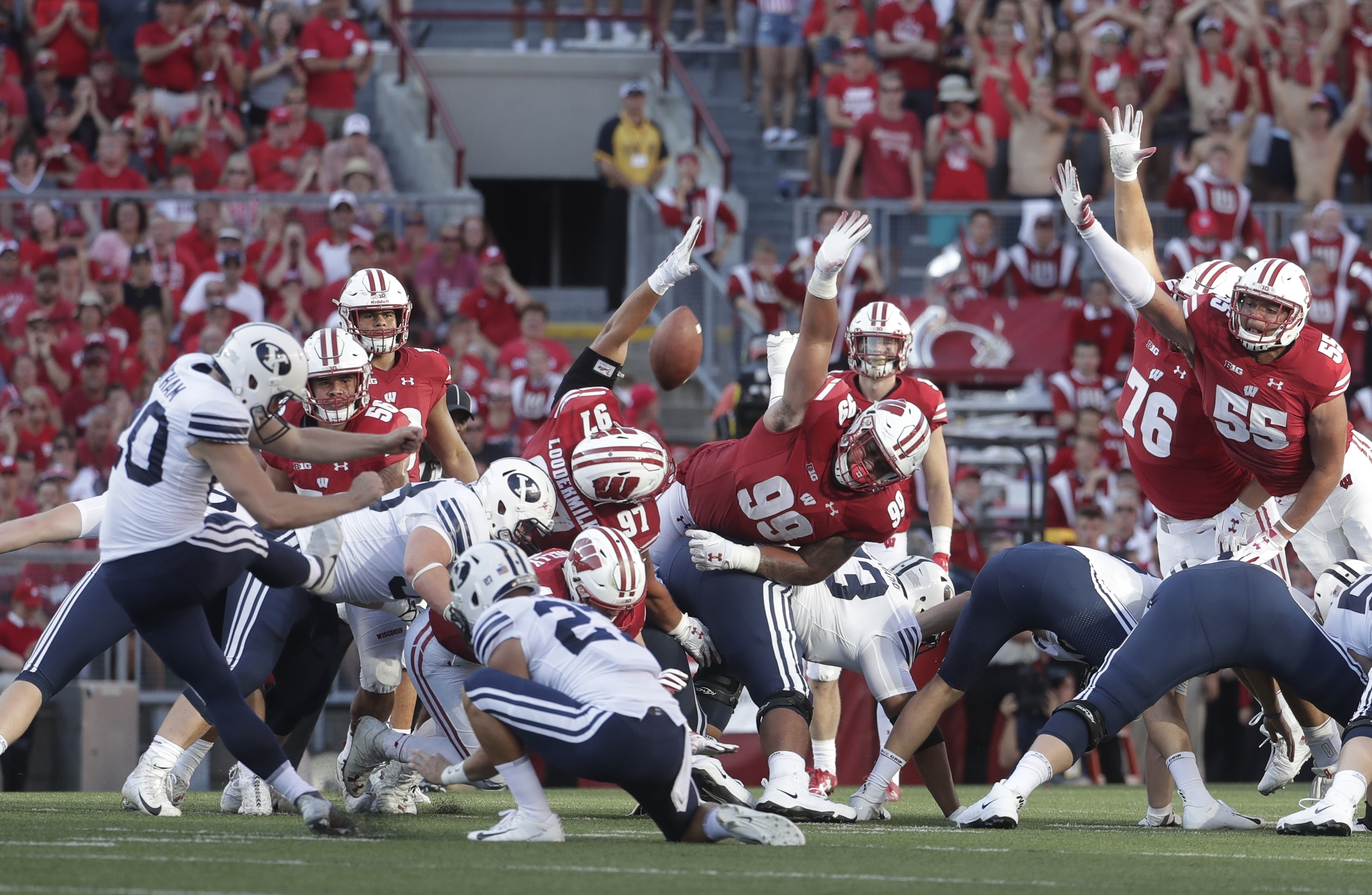 BYU kicker Skyler Southam makes a field goal during the second half of an NCAA college football game against Wisconsin Saturday, Sept. 15, 2018, in Madison, Wis. BYU won 24-21. (AP Photo/Morry Gash)