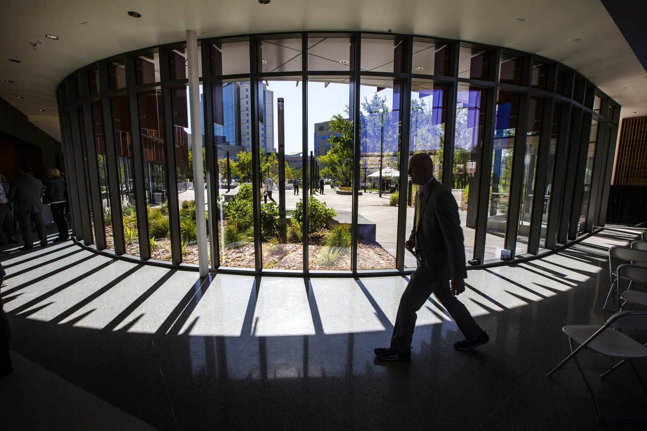 Visitors tour Intermountain Healthcare's new Kem C. Gardner Transformation Center in Murray on Wednesday, Sept. 19, 2018. The center aims to transform the ways health care is provided across the United States and globally. (Photo: Scott G Winterton, KSL)