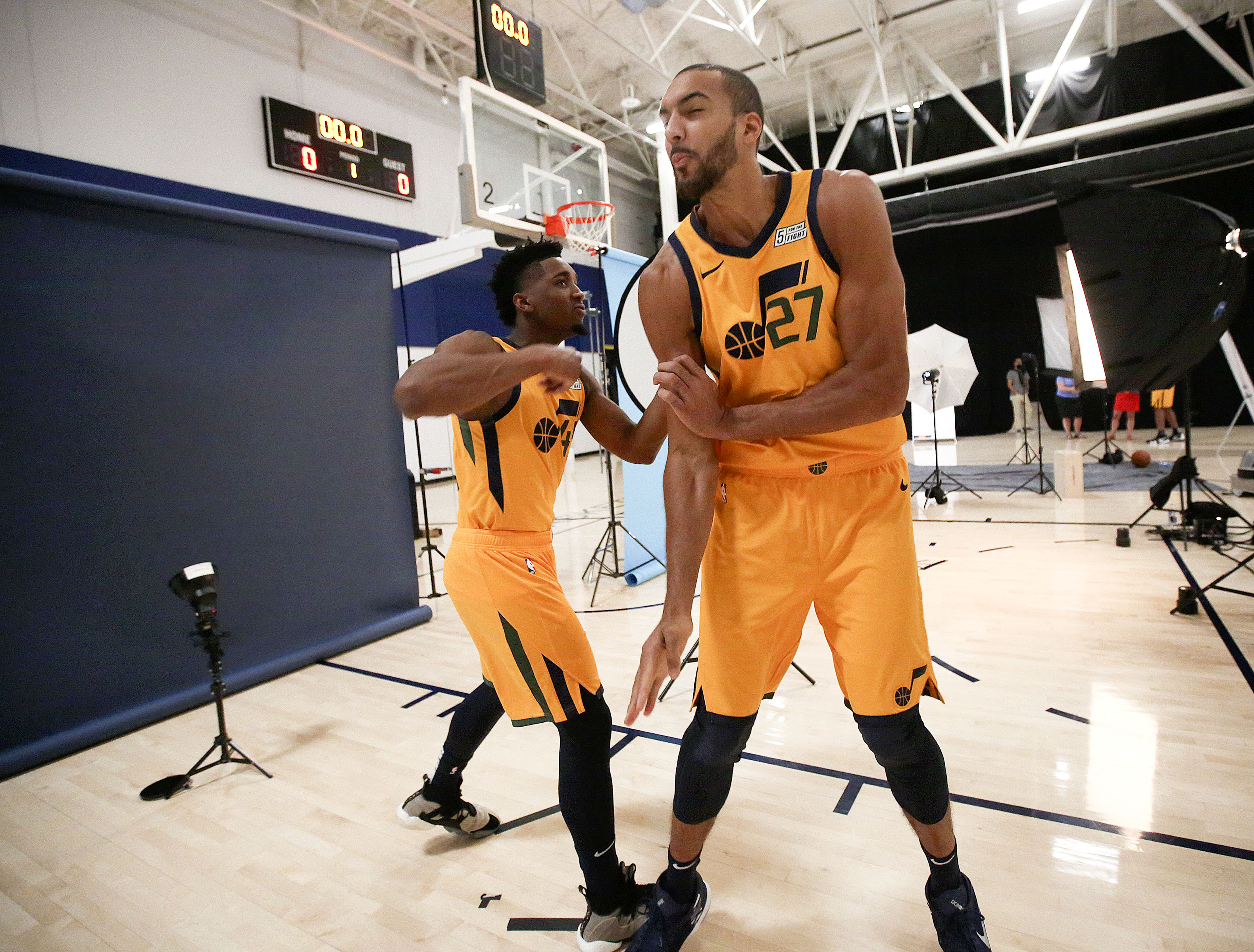 Donovan Mitchell jokes around with Rudy Gobert during Jazz Media Day at the Zions Bank Basketball Center in Salt Lake City on Monday, Sept. 24, 2018. (Photo: Kristin Murphy, KSL)