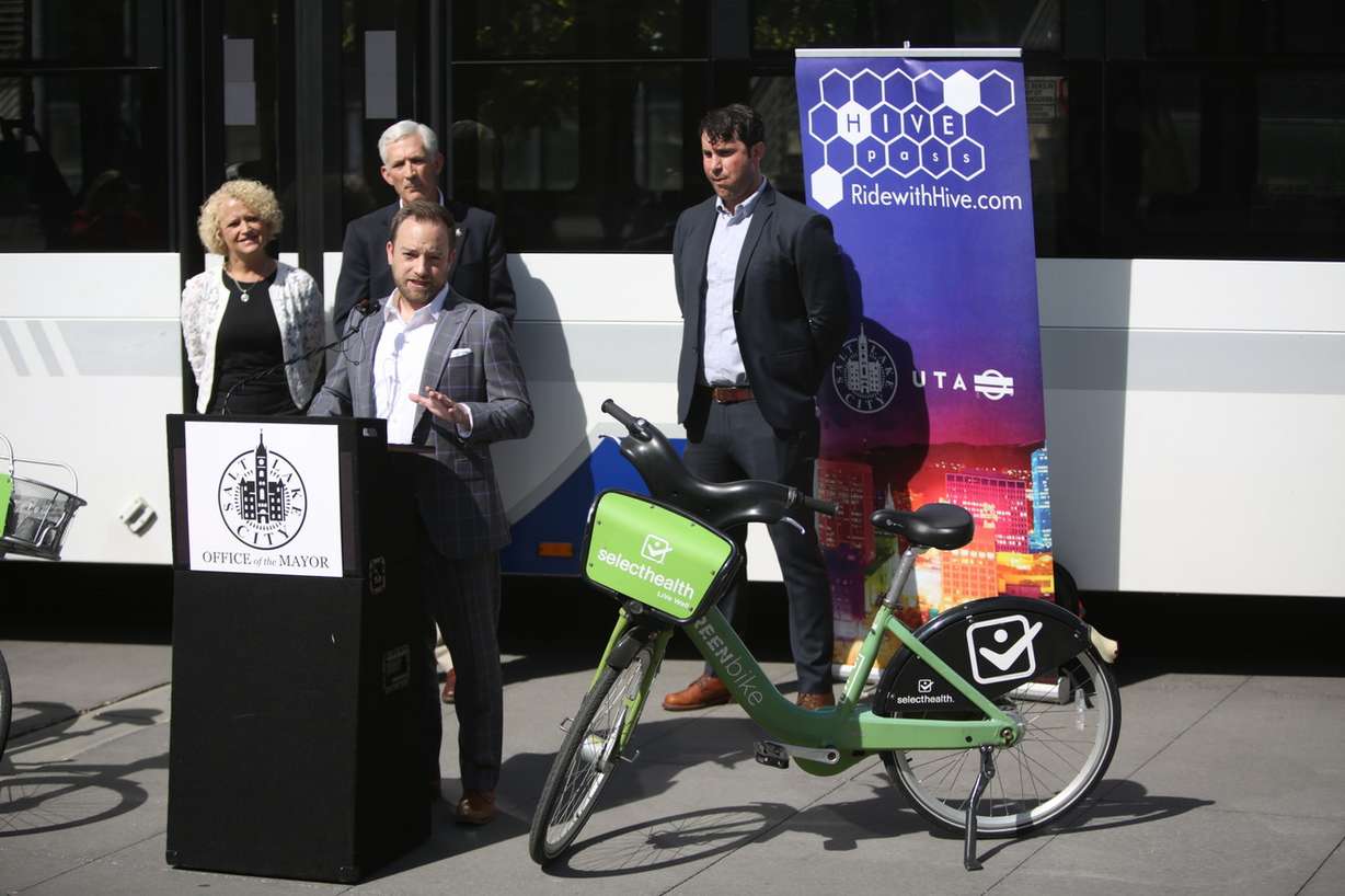 Ben Bolte, GREENbike founder and director, speaks at the Ditch Your Car press conference outside the Salt Lake City Public Safety Building on Wednesday, Sept. 26, 2018. Fifty residents who sign up to ditch their cars will get more than $400 in credit to travel by Lyft or GREENbike, and a Hive Pass for UTA bus, TRAX and S-Line service. (Photo: Kristin Murphy, KSL)