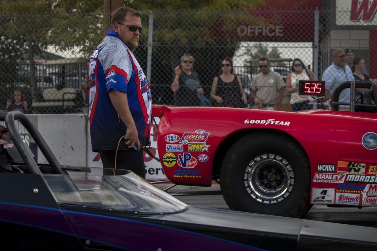 Mike Eames, the Rocky Mountain Raceways' general manager, works at the starting line during a drag race session at the track on Saturday, Sept. 15, 2018. (Photo: Carter Williams, KSL.com)