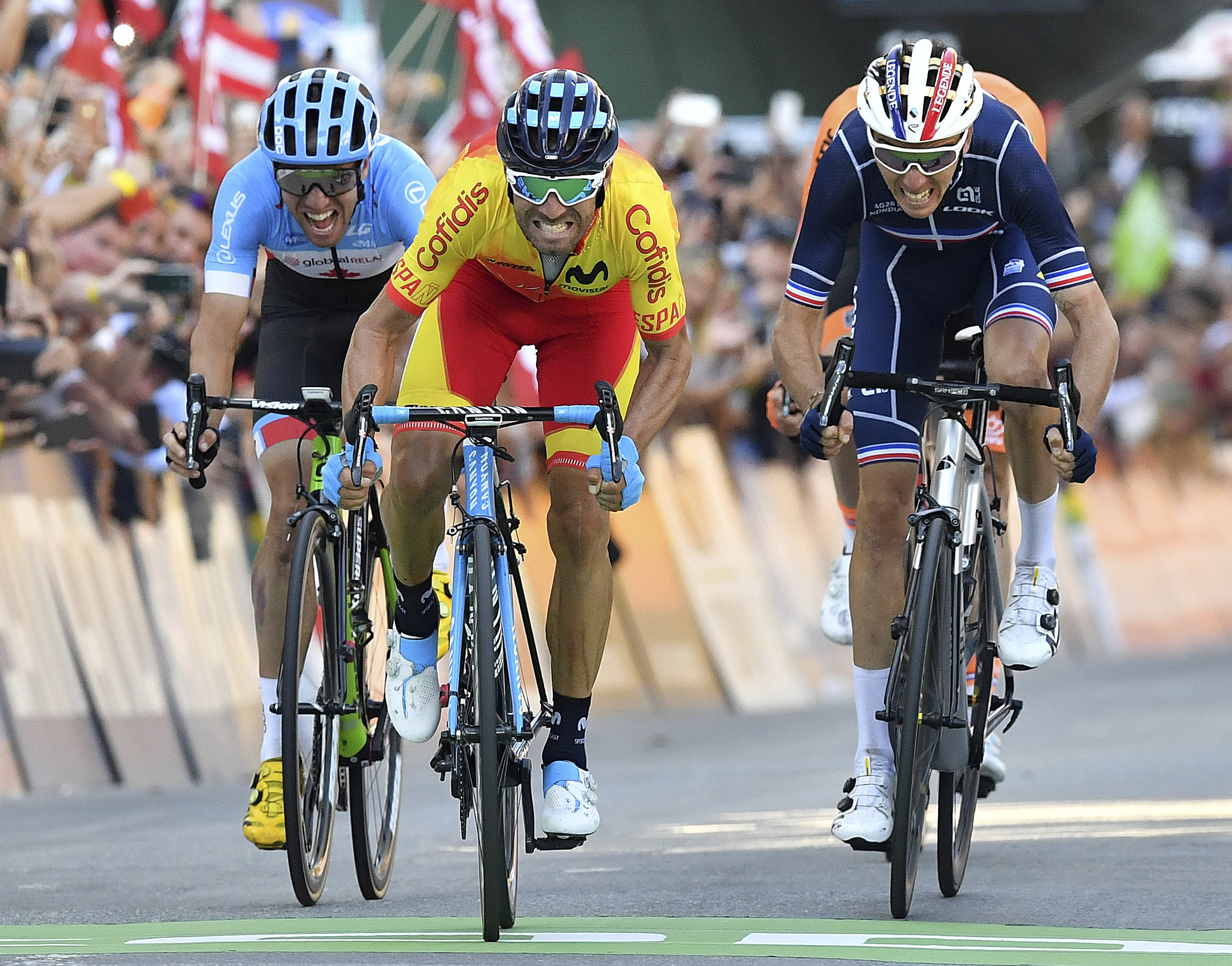 Spain's Alejandro Valverde sprints to road race world title