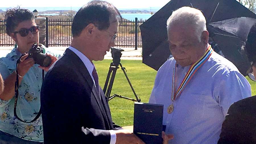 On Thursday, Sept. 27, 2018, Bernard Lucero Sr. received the Ambassador for Peace Medal from Korean Consul General Joon-Yang Park for Lucero Sr.'s service in the Korean War. (Photo: Jed Boal, KSL TV)