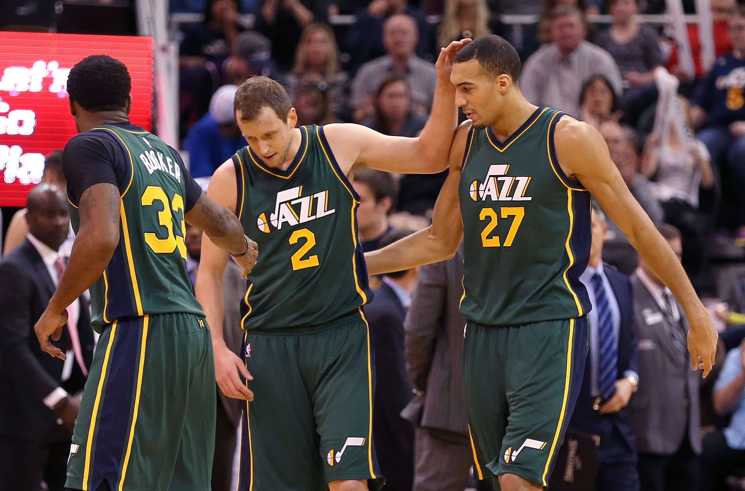 Utah Jazz forward Joe Ingles (2) and Utah Jazz center Rudy Gobert (27) after a Jazz run as the Utah Jazz and the New Orleans Pelicans play NBA basketball Saturday, Nov. 28, 2015, in Salt Lake City. (Photo: Tom Smart, KSL)