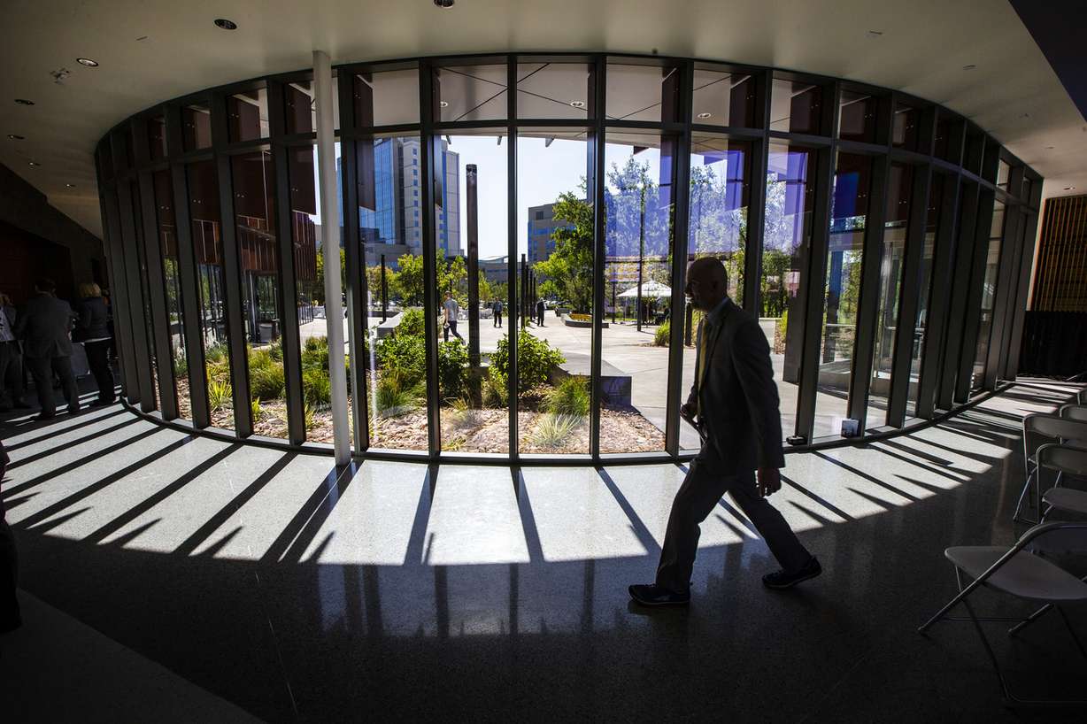 Visitors tour Intermountain Healthcare's new Kem C. Gardner Transformation Center in Murray on Wednesday, Sept. 19, 2018. The center aims to transform the ways health care is provided across the United States and globally. (Photo: Scott G Winterton, KSL)