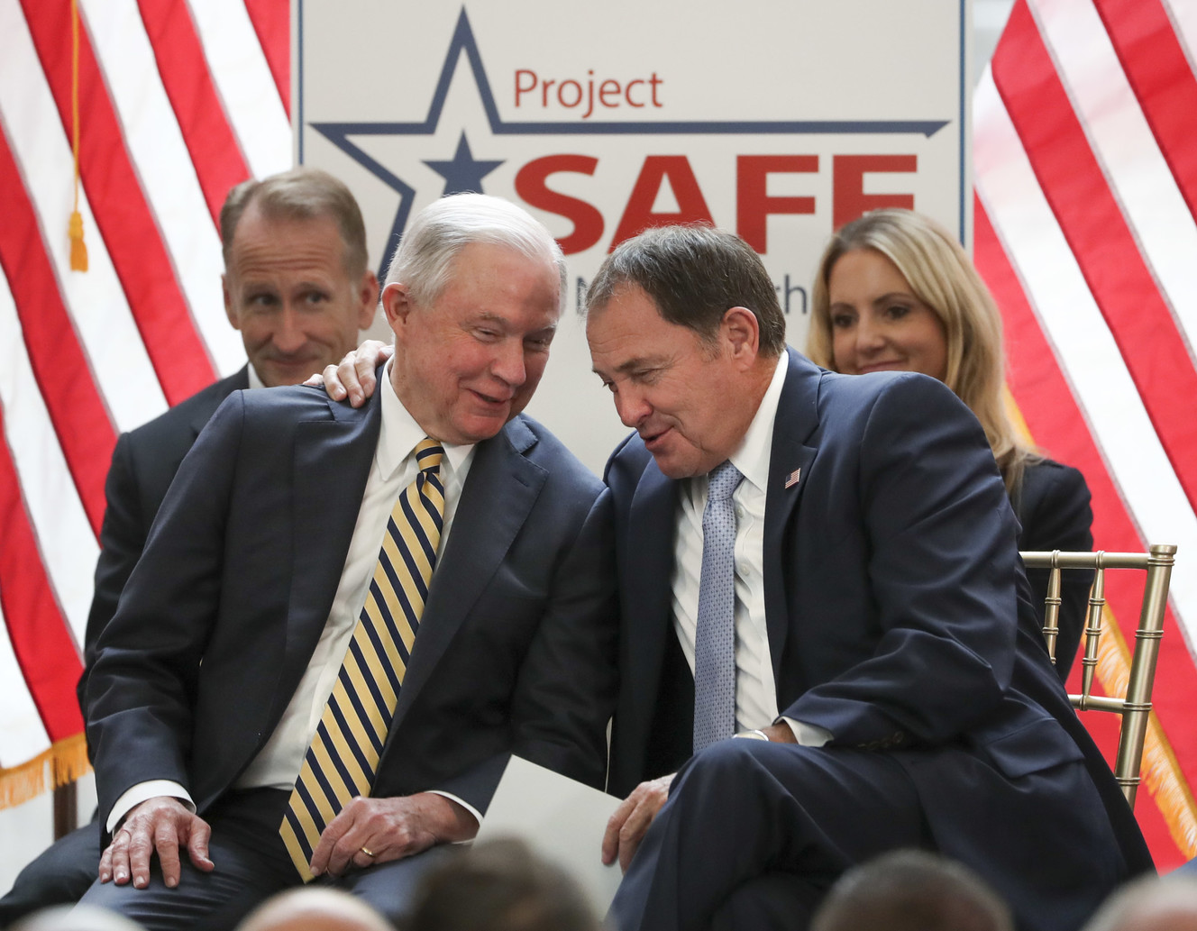 U.S. Attorney General Jeff Sessions and Gov. Gary Herbert talk prior to Sessions's speech about Project Safe Neighborhoods at the state Capitol in Salt Lake City on Wednesday, Oct. 3, 2018. (Photo: Steve Griffin, KSL)