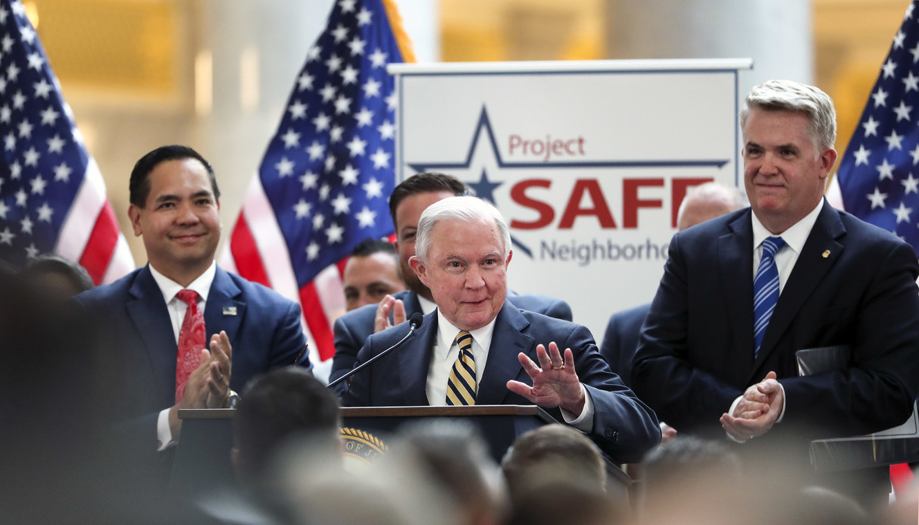 U.S. Attorney General Jeff Sessions gets a standing ovation as he is introduced before his speech on Project Safe Neighborhoods at the state Capitol in Salt Lake City on Wednesday, Oct. 3, 2018. (Photo: Steve Griffin, KSL)