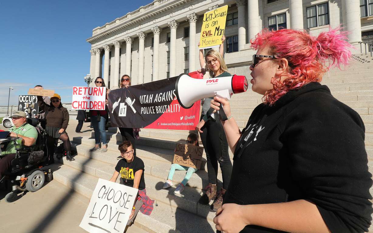 Jade Arter shouts during a protest outside the state Capitol in Salt Lake City on Wednesday, Oct. 3, 2018, as U.S. Attorney General Jeff Session speaks inside. (Photo: Jeffrey D. Allred, KSL)