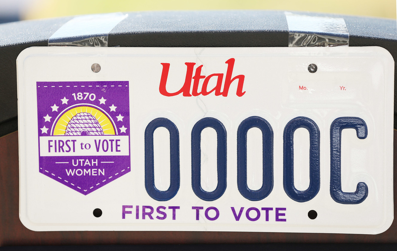 The new women's suffrage recognition license plate is pictured in Salt Lake City on Wednesday, Oct. 3, 2018. (Photo: Jeffrey D. Allred, KSL)