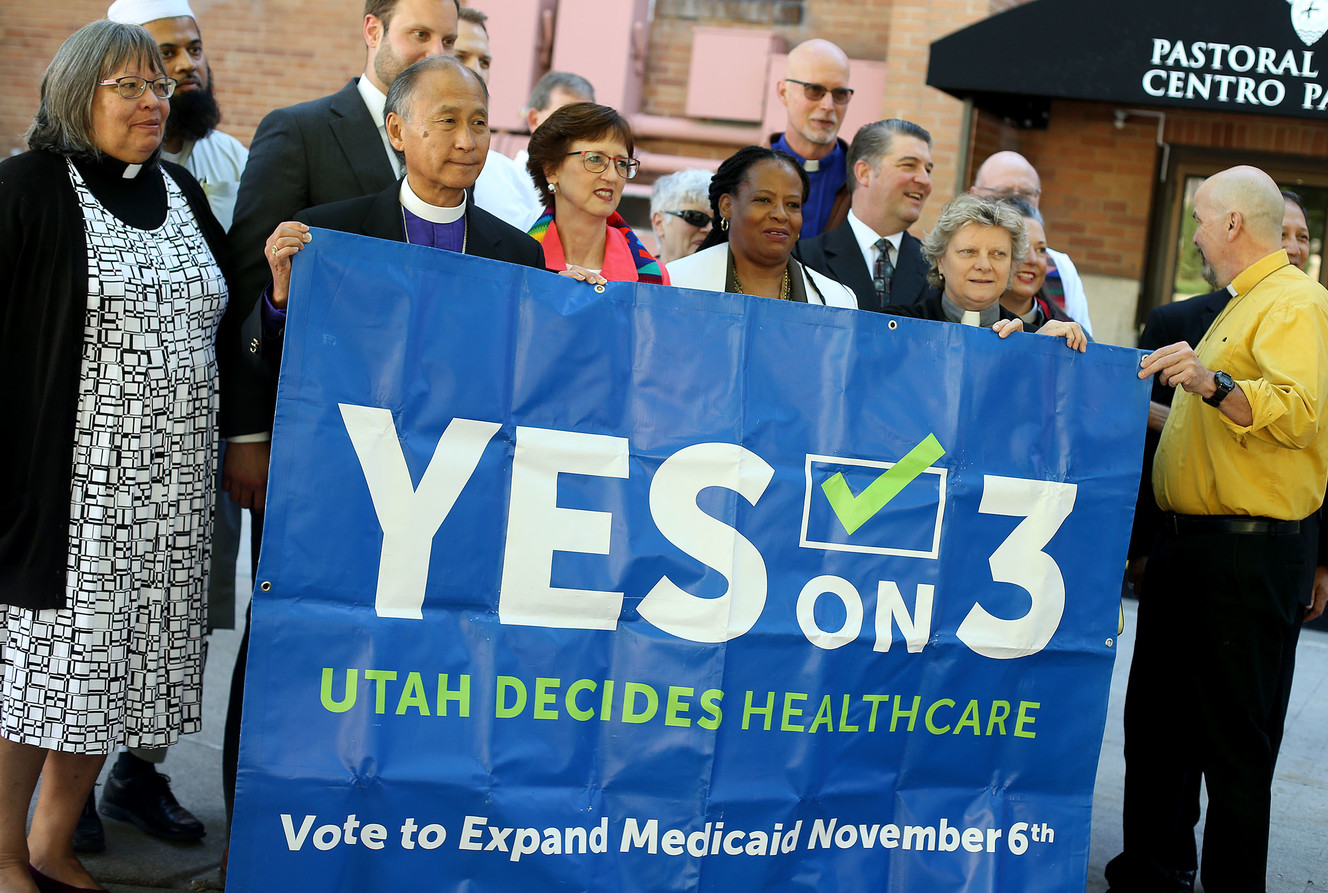 Faith leaders gather to express their support for Proposition 3, which would expand Medicaid in Utah, during a press conference at the Catholic Diocese of Salt Lake City on Wednesday, Oct. 3, 2018. (Photo: Laura Seitz, KSL)