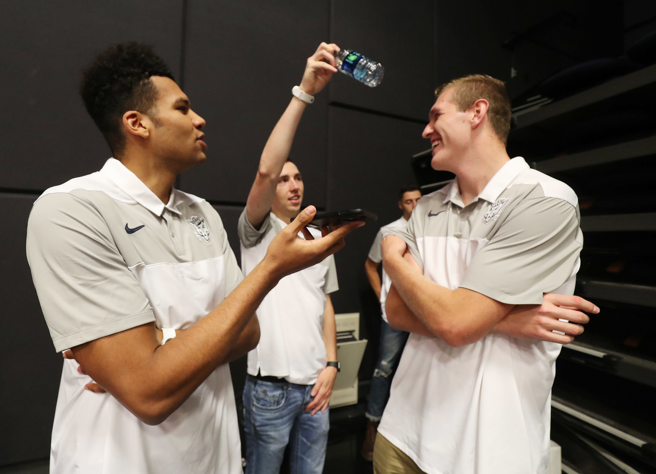 Brigham Young Cougars forward Yoeli Childs (23) and Brigham Young Cougars guard Evan Troy (21) pretend to interview Brigham Young Cougars forward Kolby Lee during media day in Provo on Thursday, Oct. 4, 2018. (Photo: Jeffrey D. Allred, Deseret News)