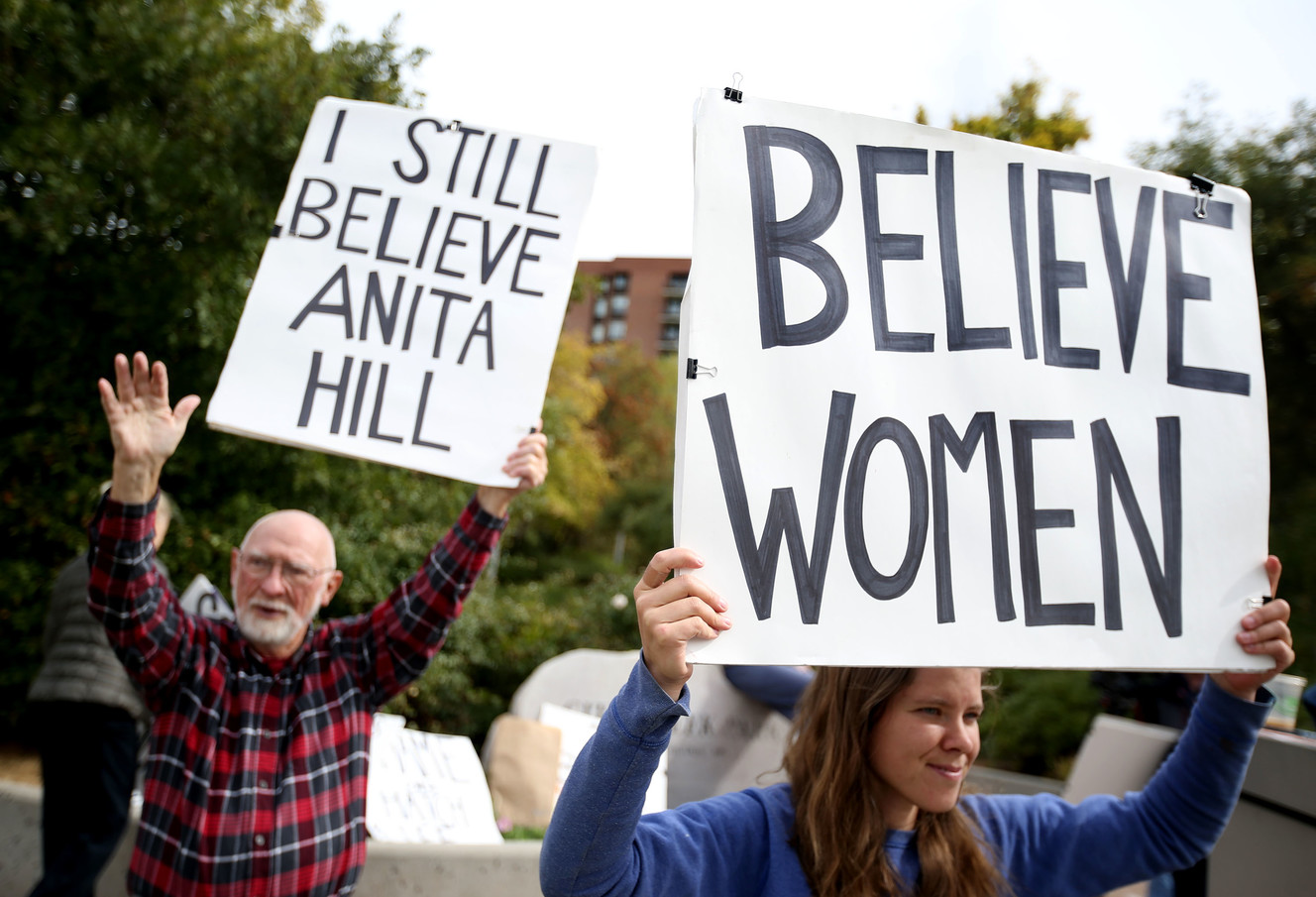 Gary Stephenson and Lauren Underwood show their opposition to Brett Kavanaugh and support for survivors of sexual violence during a protest in Salt Lake City on Saturday, Oct. 6, 2018. (Photo: Laura Seitz, KSL)